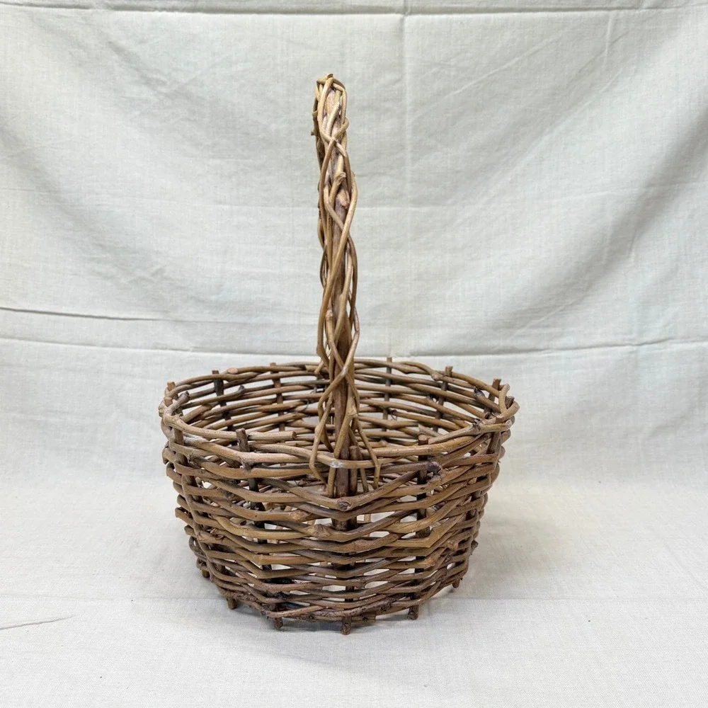 Rustic Woven Willow Branch Gathering Basket with Twisted Handle Brown Wood 1970s